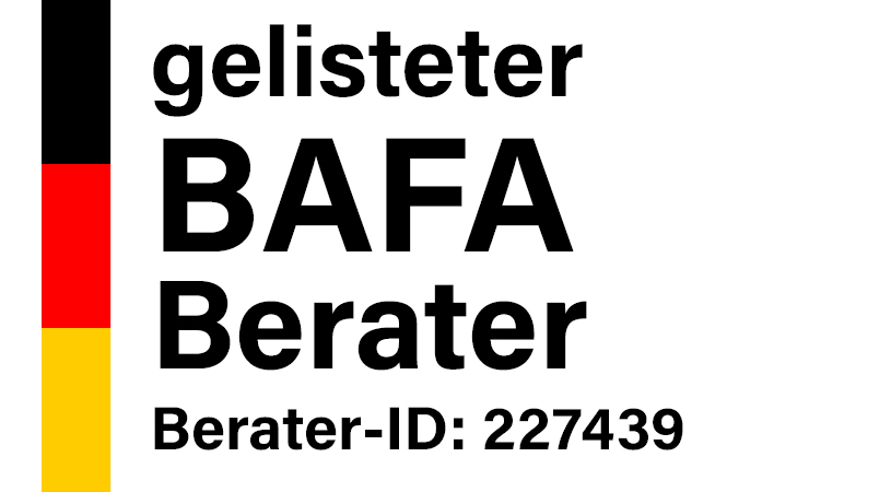 Siegel mit dem Text "gelisteter BAFA Berater mit der Berater-ID: 227439"